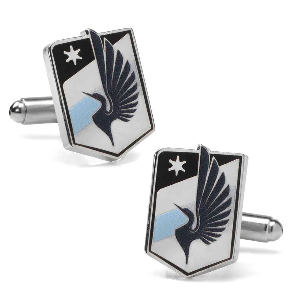 Minnesota United FC logo cufflinks featuring black, white, and light blue enamel on silver metal