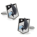 Minnesota United FC logo cufflinks featuring black, white, and light blue enamel on silver metal