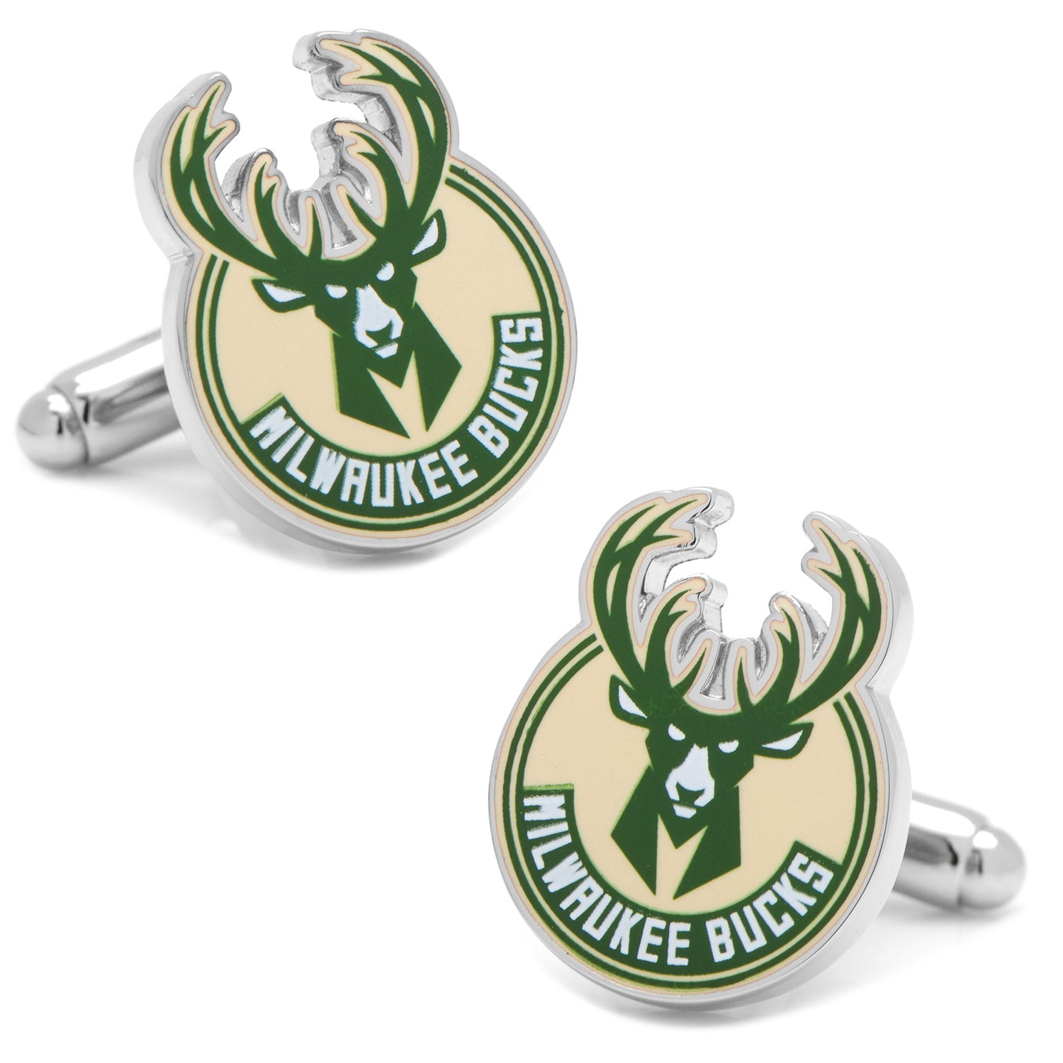 Close up of silver tone Milwaukee Bucks logo cufflinks for men