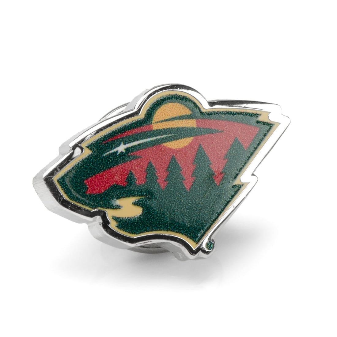 Minnesota Wild NHL team logo lapel pin in silver plated metal with enamel, shown pinned on a grey suit jacket lapel.