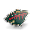 Minnesota Wild NHL team logo lapel pin in silver plated metal with enamel, shown pinned on a grey suit jacket lapel.