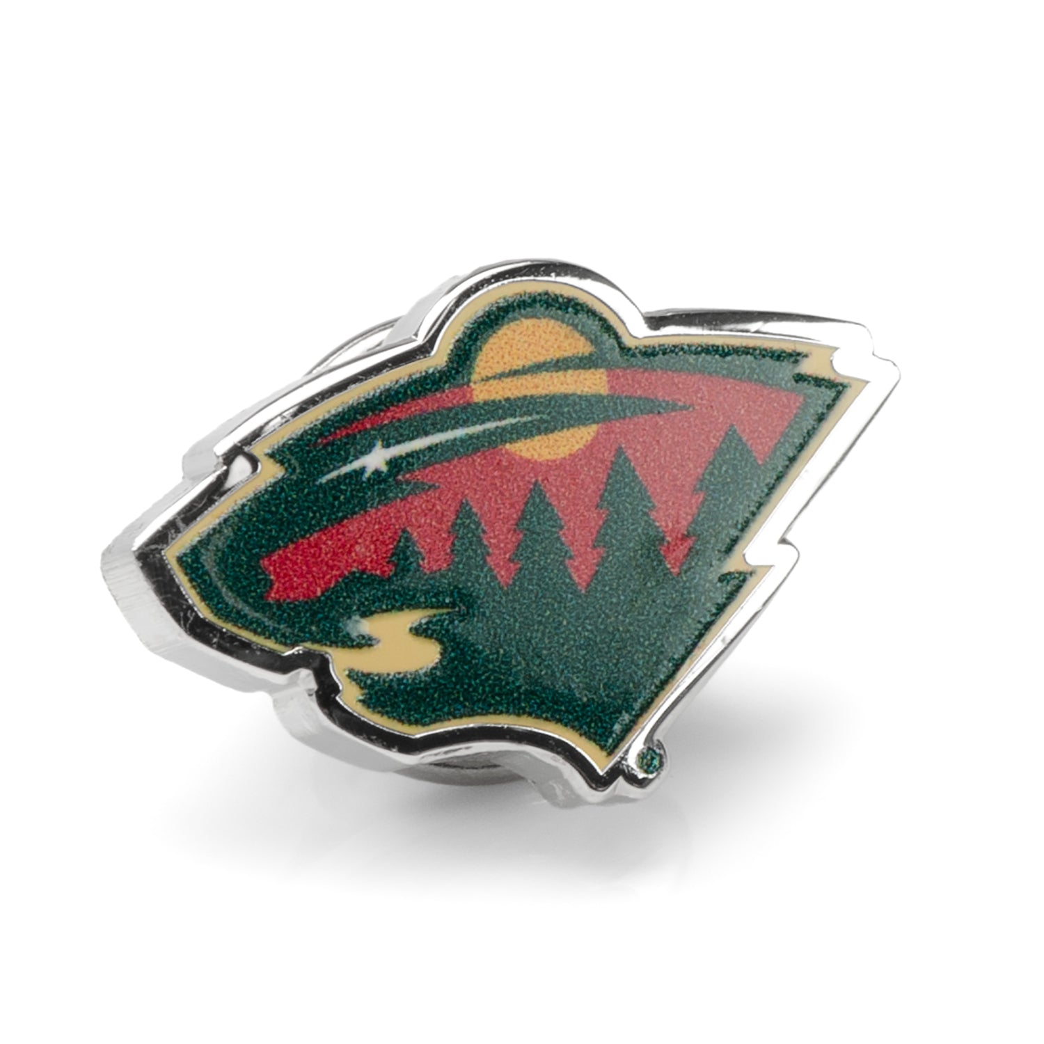 Minnesota Wild NHL team logo lapel pin in silver plated metal with enamel, shown pinned on a grey suit jacket lapel.