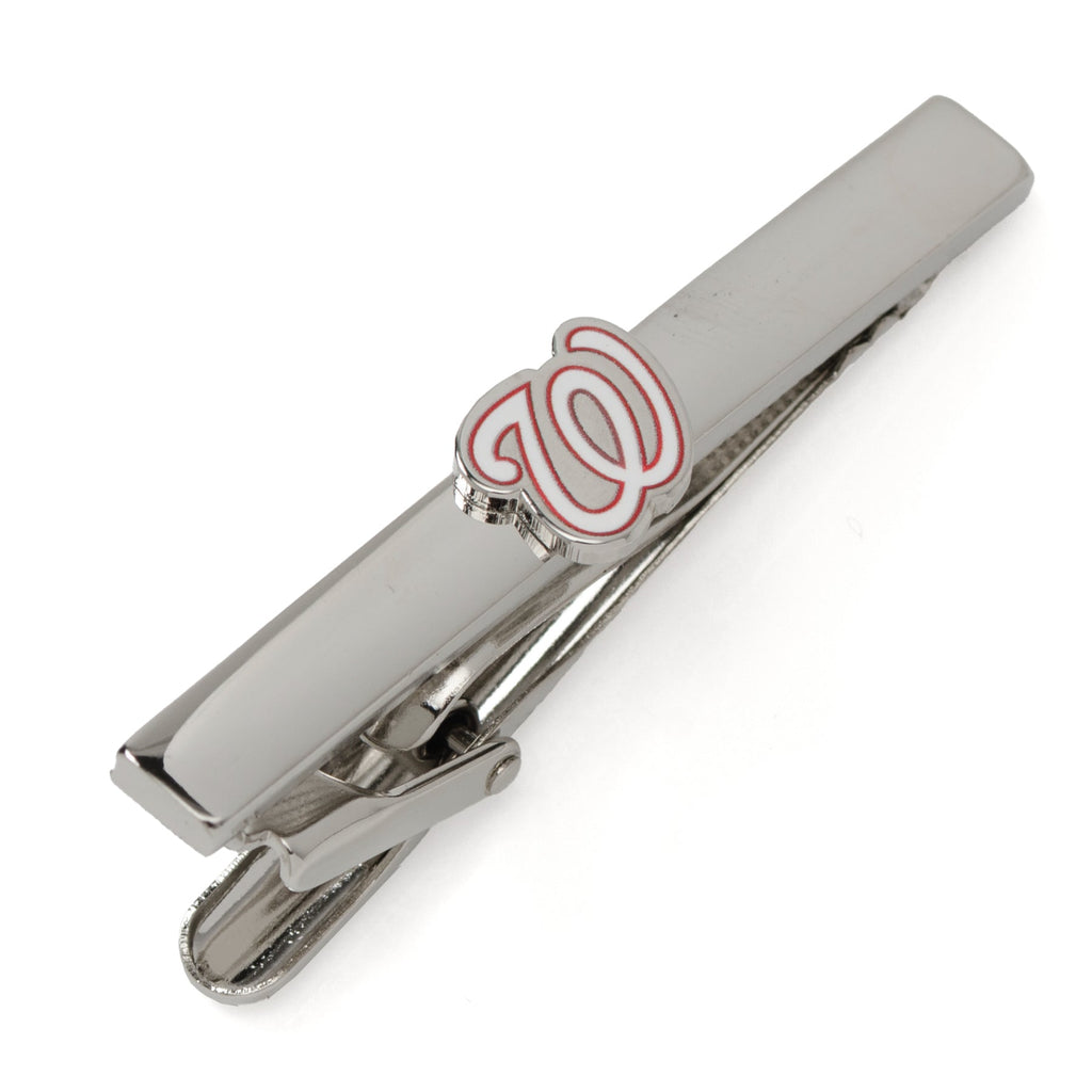 Washington Nationals MLB logo tie clip in polished silver tone attached to a navy blue striped necktie