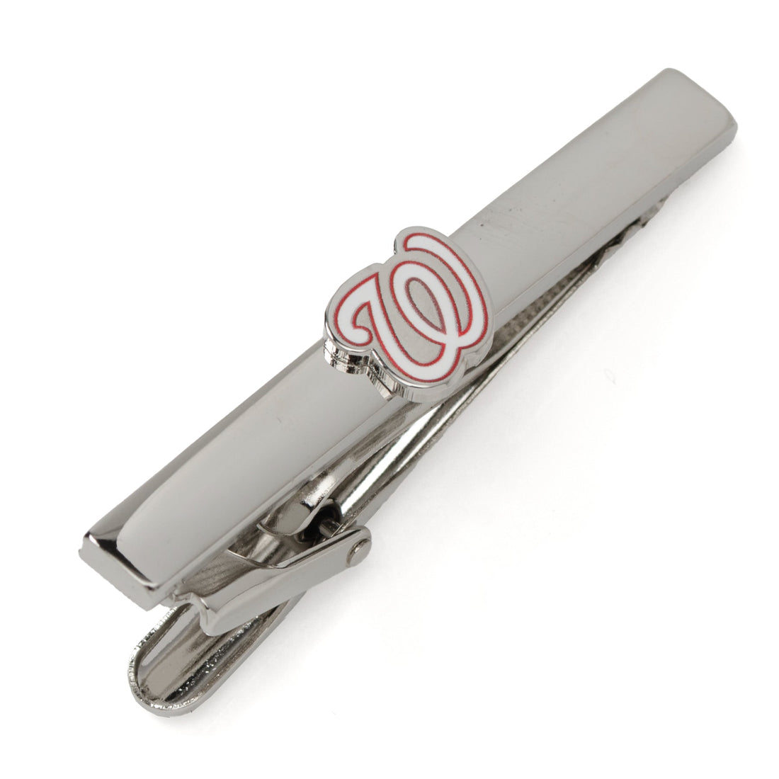 Washington Nationals MLB logo tie clip in polished silver tone attached to a navy blue striped necktie