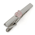 Washington Nationals MLB logo tie clip in polished silver tone attached to a navy blue striped necktie
