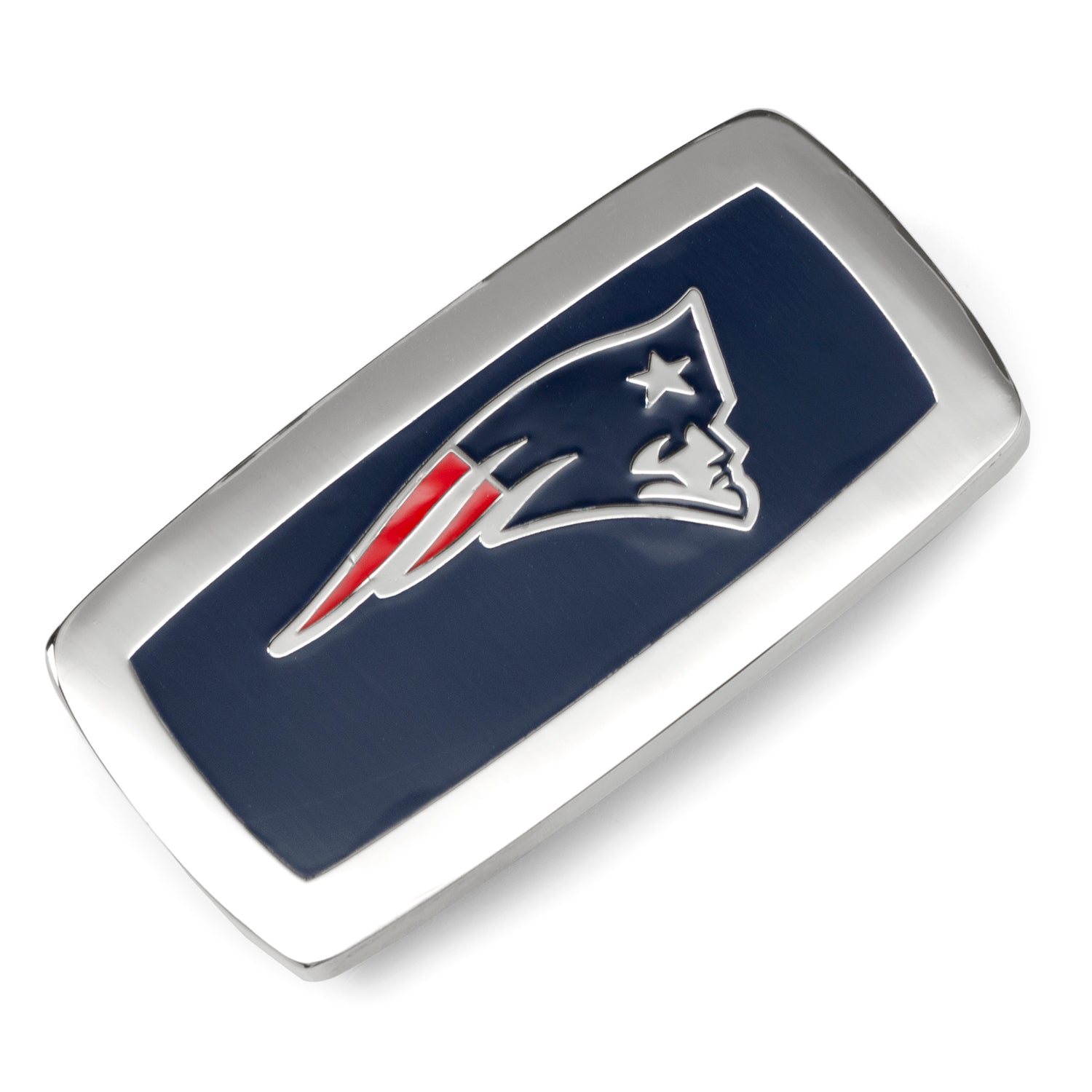 Silver tone New England Patriots NFL cushion money clip with team logo in enamel