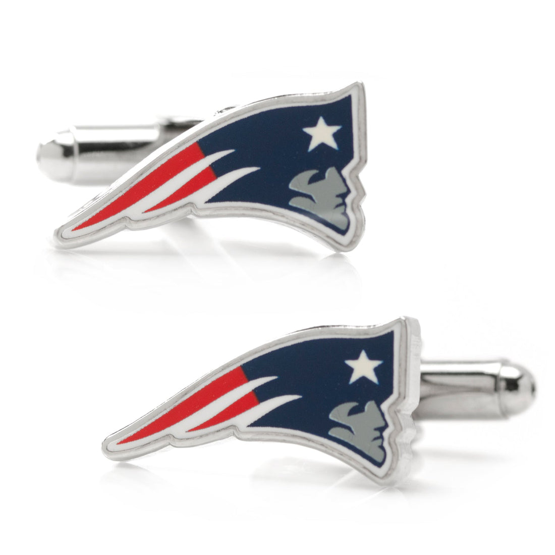 A pair of New England Patriots logo cufflinks in silver tone with blue, red, and white enamel details.