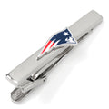 Silver plated New England Patriots logo sliding tie clip on a black necktie.