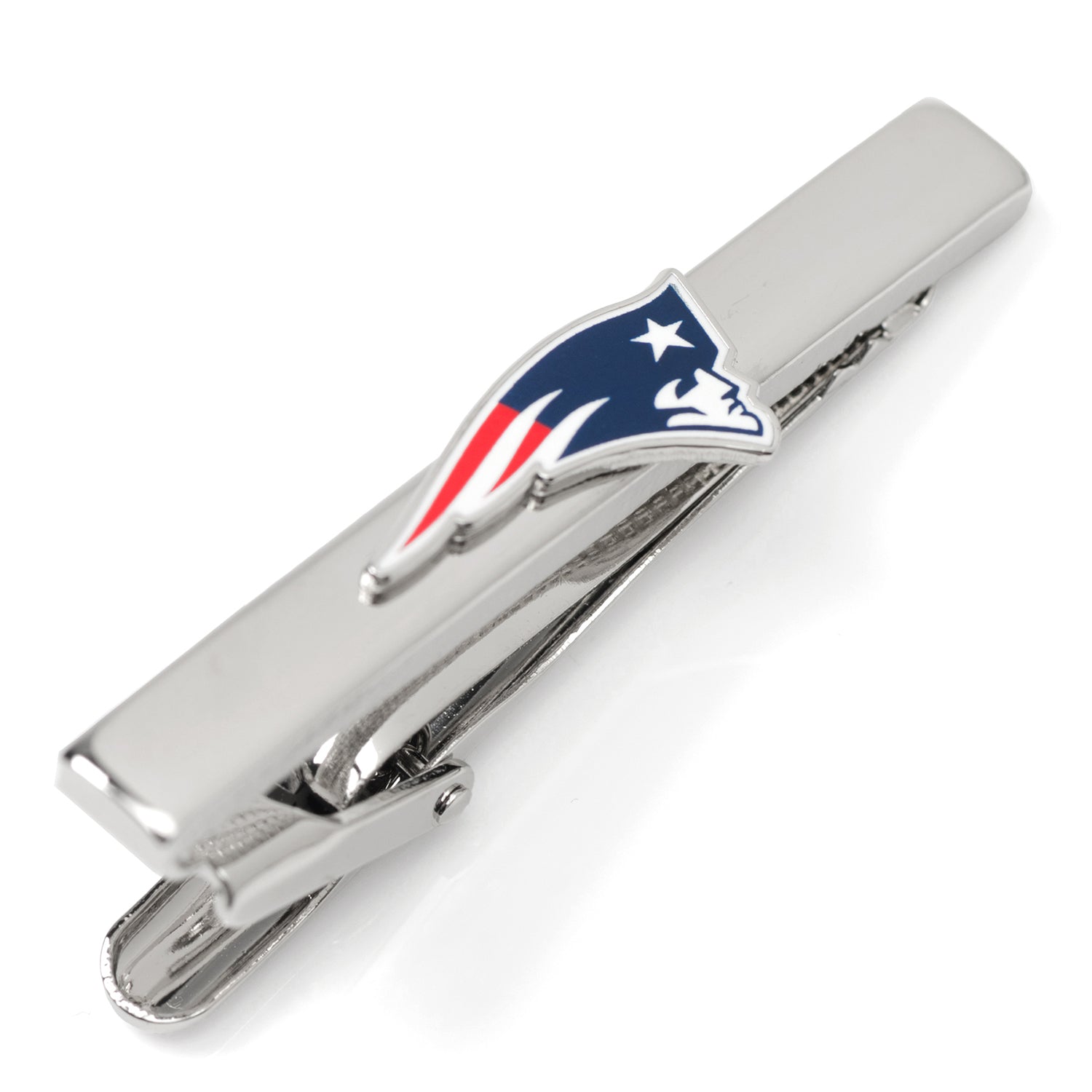 Silver plated New England Patriots logo sliding tie clip on a black necktie.