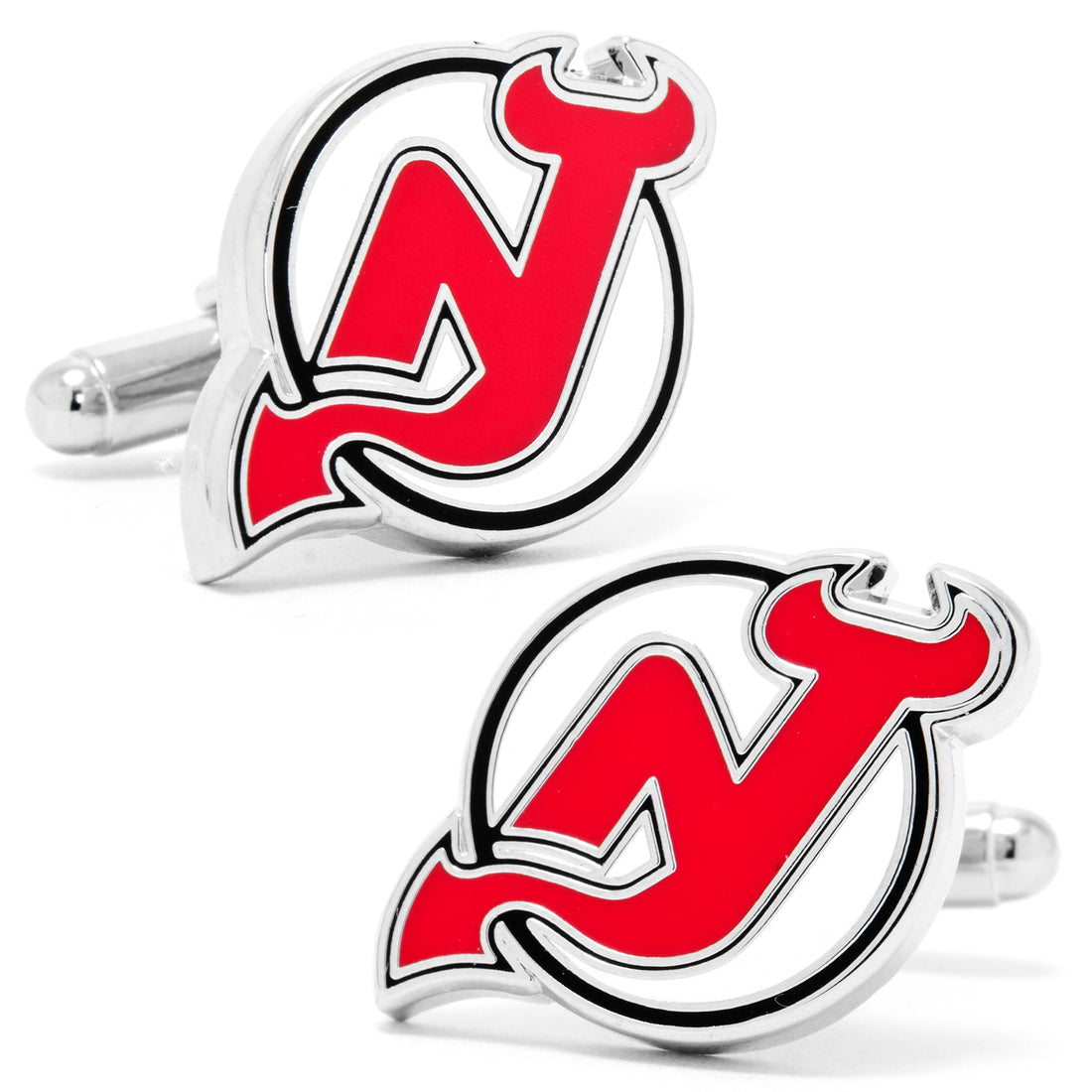 A pair of NHL New Jersey Devils team logo cufflinks in red, black, and white enamel on a silver tone finish.