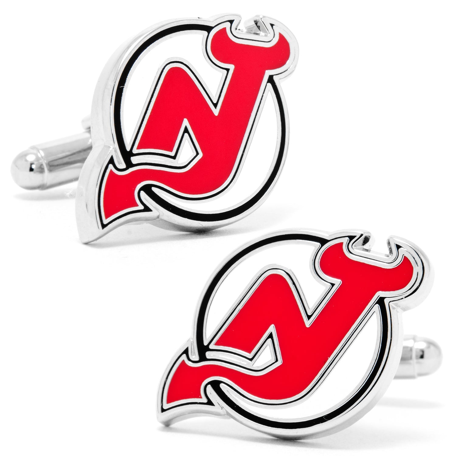 A pair of NHL New Jersey Devils team logo cufflinks in red, black, and white enamel on a silver tone finish.