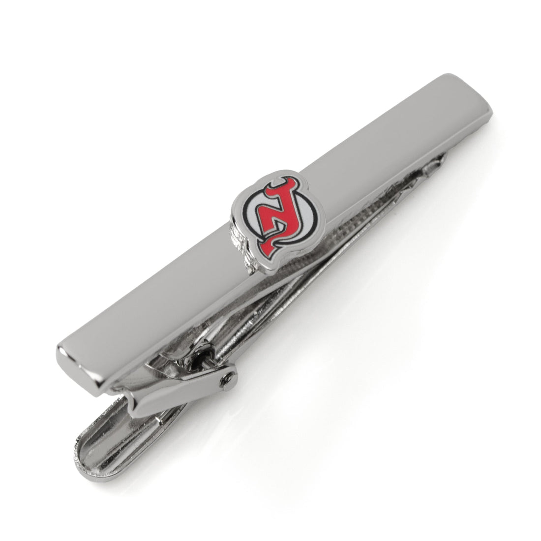 Close up of a silver plated New Jersey Devils hockey team logo tie clip
