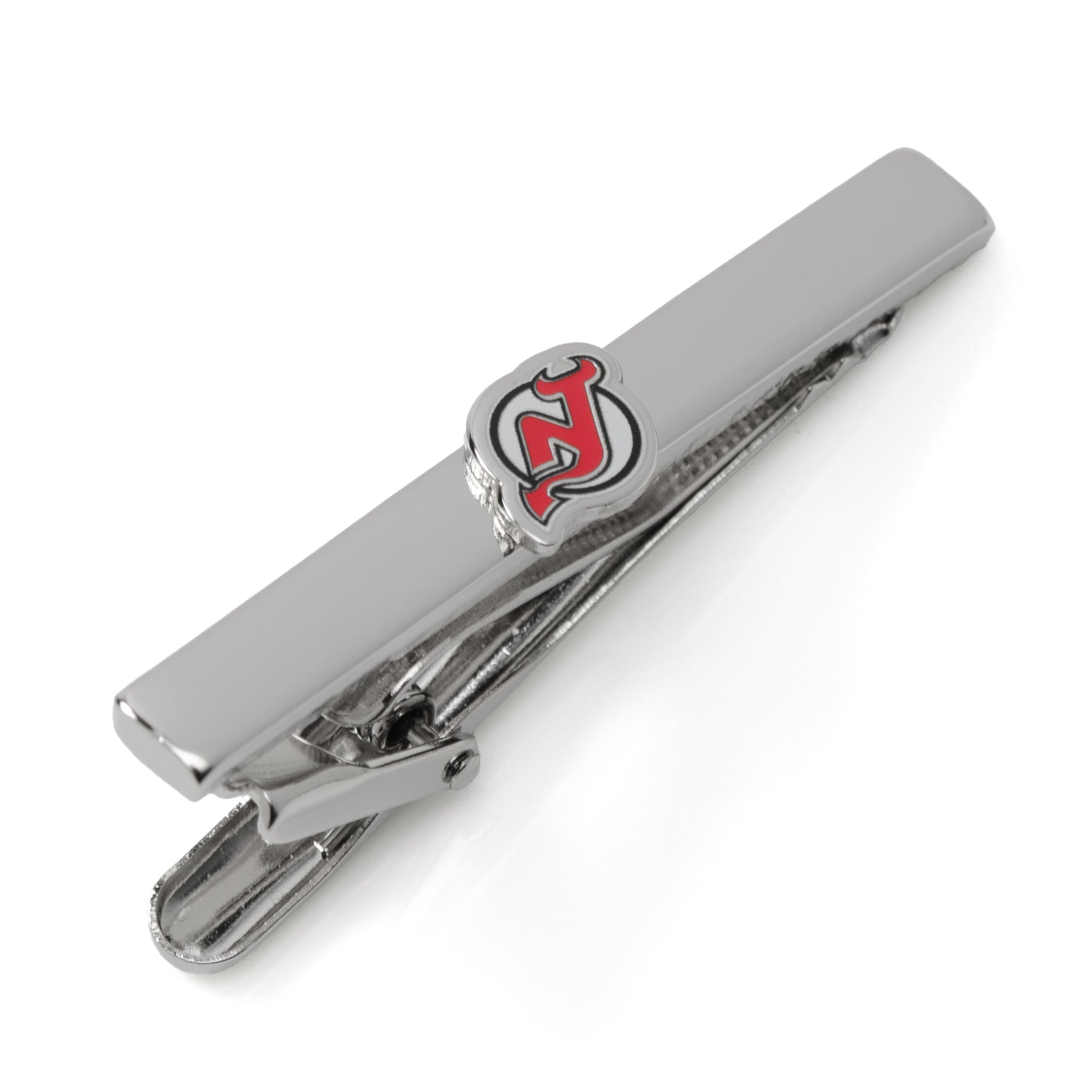 Close up and lifestyle view of a silver-plated New Jersey Devils sliding tie clip on a dark blue necktie.