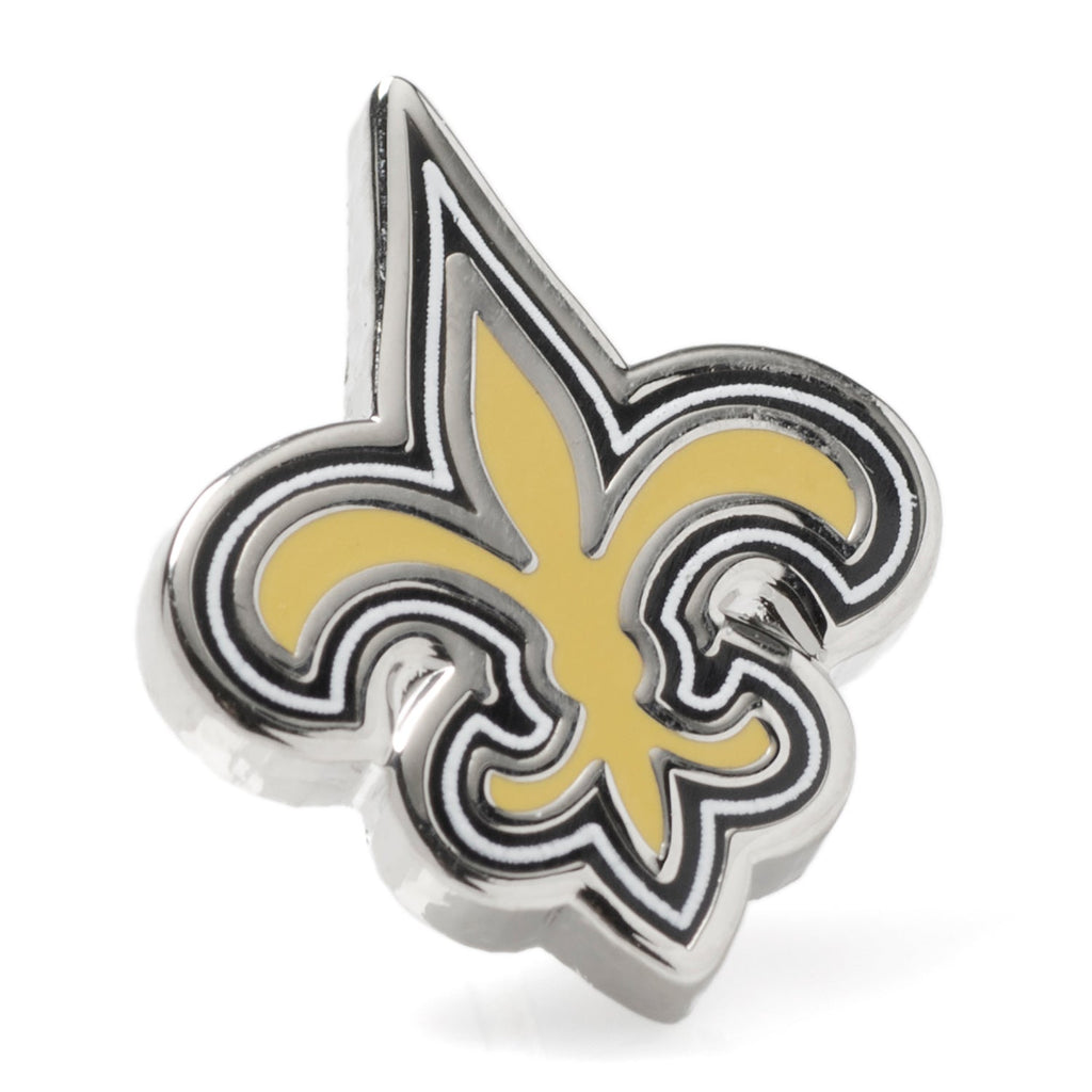 New Orleans Saints NFL team logo lapel pin made of silver tone metal with black, white, and gold enamel detailing.