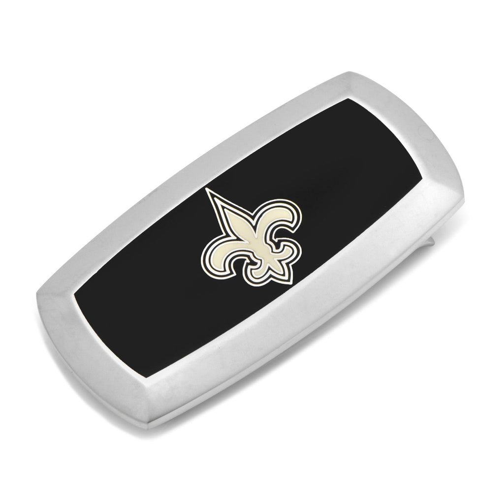 New Orleans Saints silver tone cushion money clip with black and white team logo enamel detail.