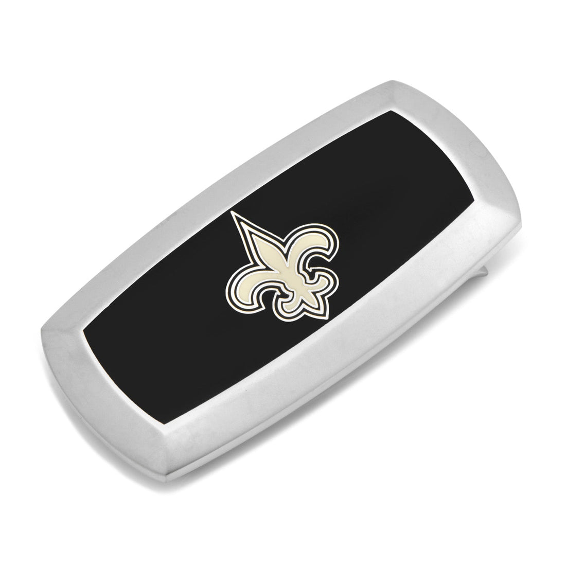 New Orleans Saints silver tone cushion money clip with black and white team logo enamel detail.