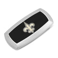 New Orleans Saints silver tone cushion money clip with black and white team logo enamel detail.