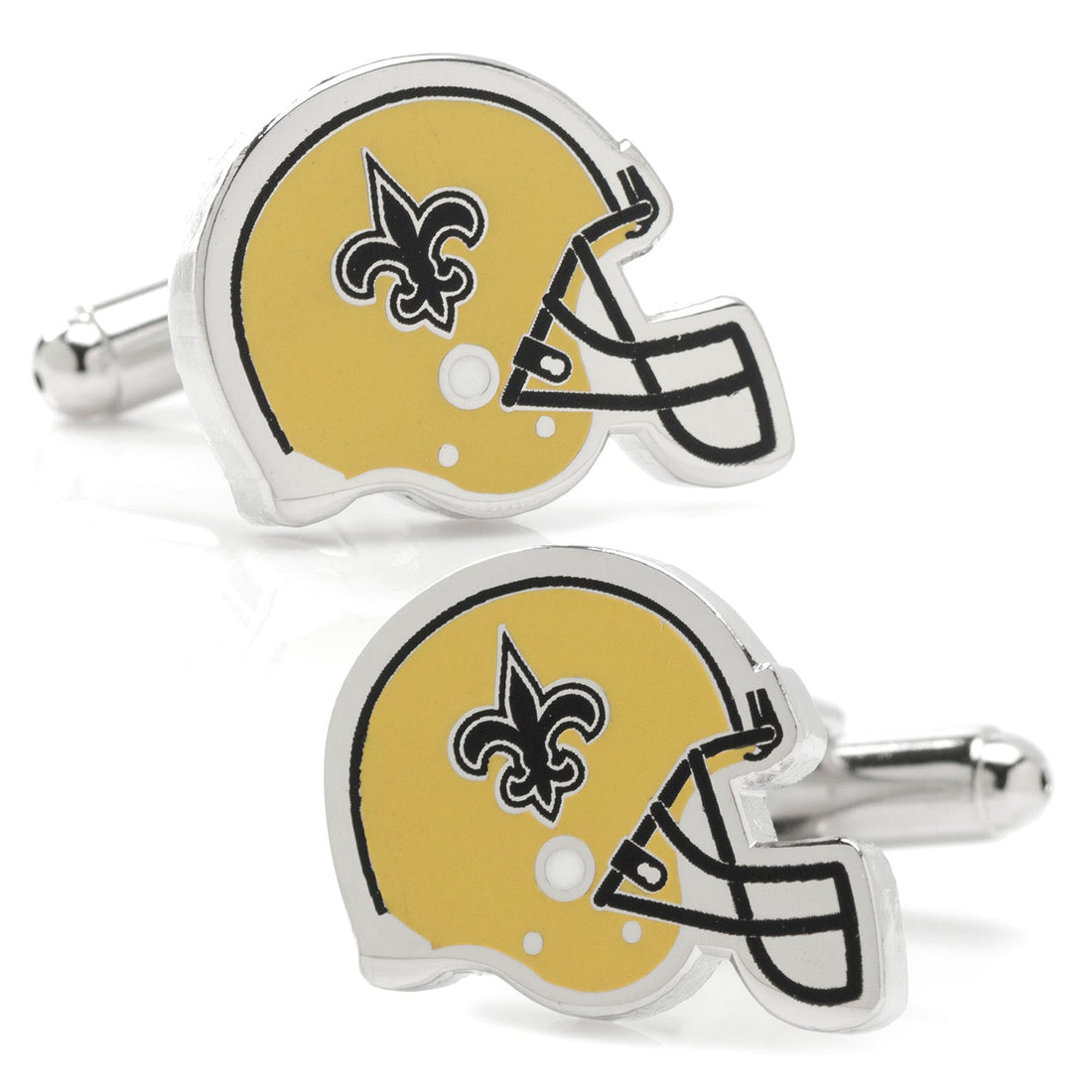 A pair of silver tone cufflinks shaped like retro New Orleans Saints football helmets with yellow and black enamel detailing.
