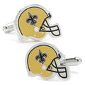 A pair of silver tone cufflinks shaped like retro New Orleans Saints football helmets with yellow and black enamel detailing.