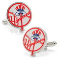 A pair of round silver tone New York Yankees baseball cufflinks featuring the team script, a baseball, and an Uncle Sam hat logo in enamel.
