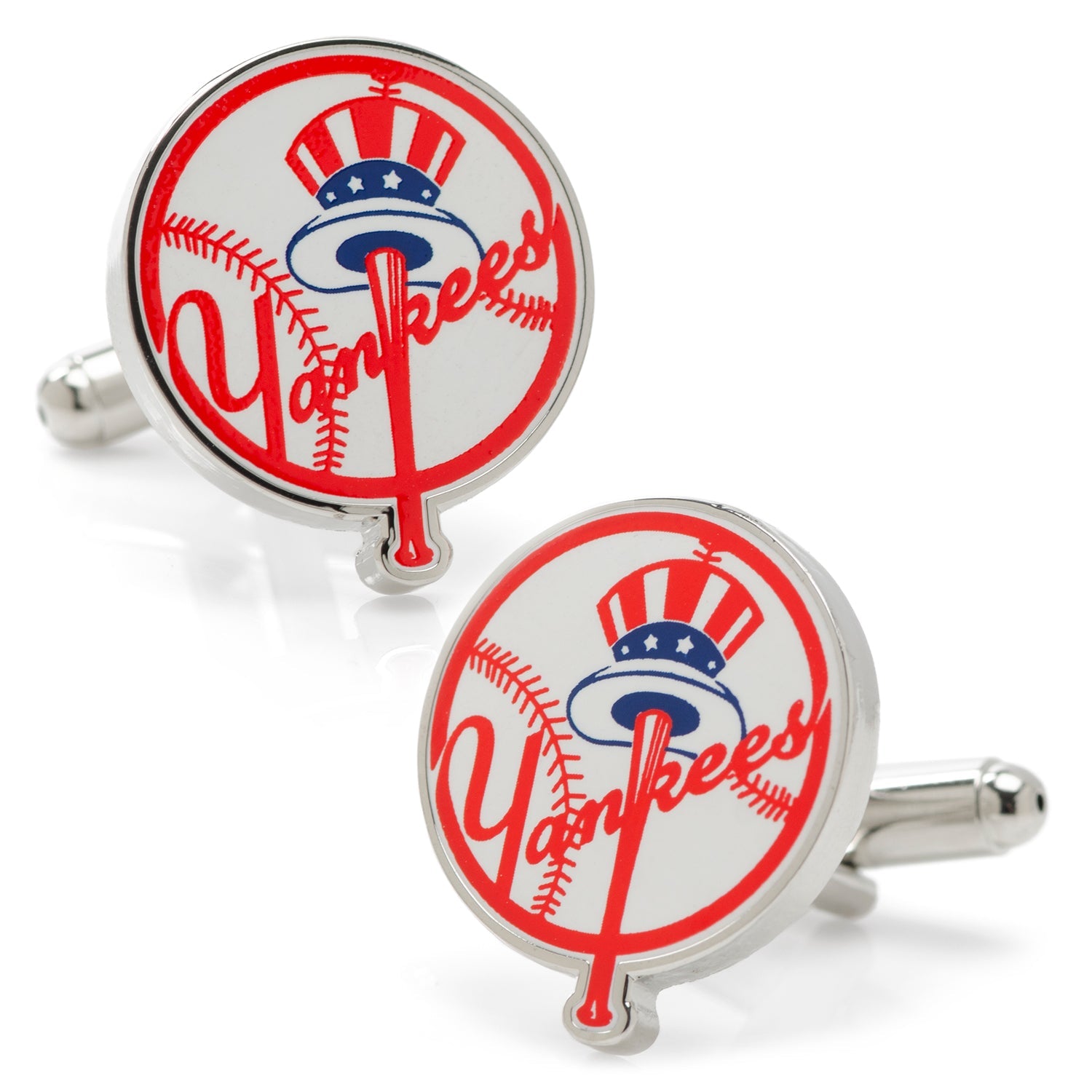A pair of round silver tone New York Yankees baseball cufflinks featuring the team script, a baseball, and an Uncle Sam hat logo in enamel.