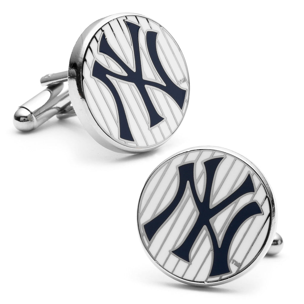 New York Yankees baseball team logo cufflinks featuring a pinstripe design with navy blue on a white background with a silver-tone bullet back.