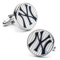New York Yankees baseball team logo cufflinks featuring a pinstripe design with navy blue on a white background with a silver-tone bullet back.