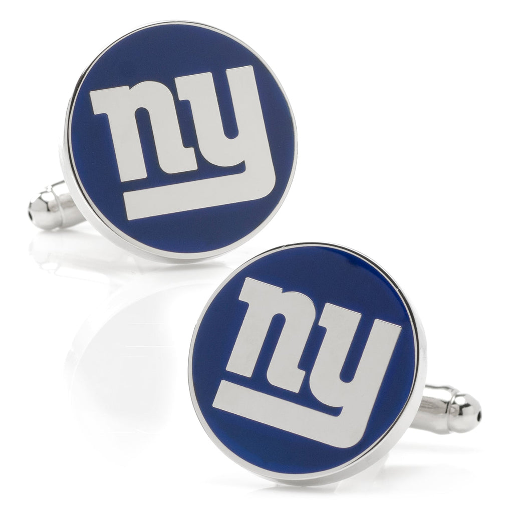 A pair of round New York Giants NFL logo cufflinks in silver tone metal with blue and white enamel detailing.