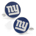 A pair of round New York Giants NFL logo cufflinks in silver tone metal with blue and white enamel detailing.