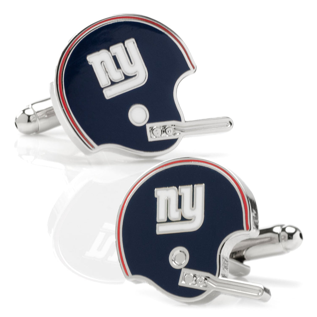 New York Giants retro-style NFL football helmet cufflinks in navy, white, and red with silver-tone hardware.