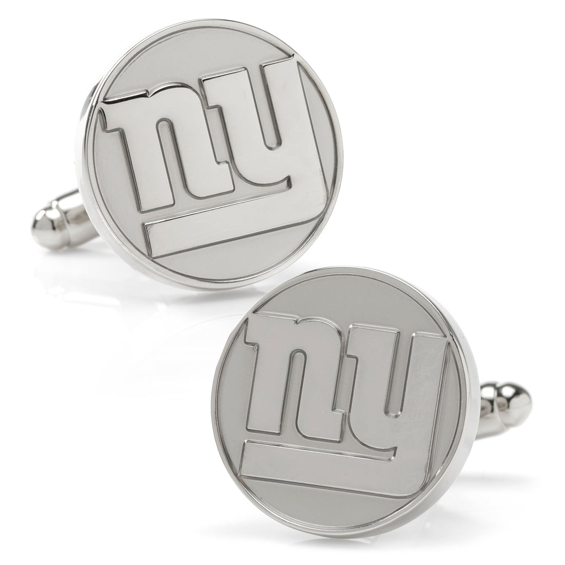 A pair of round silver-tone New York Giants cufflinks featuring the team logo on a polished circular face with a bullet back closure.