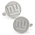A pair of round silver-tone New York Giants cufflinks featuring the team logo on a polished circular face with a bullet back closure.