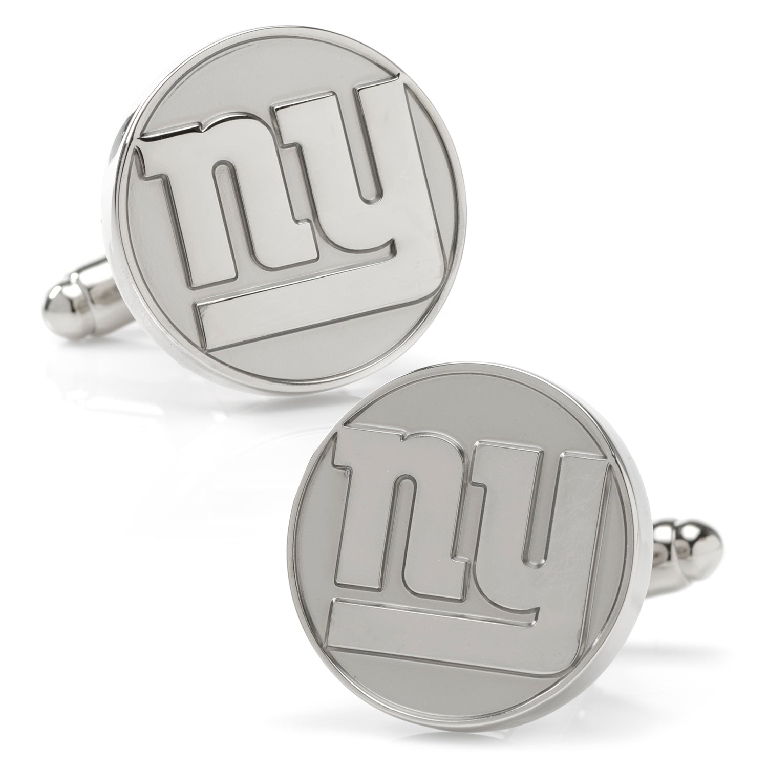 A pair of round silver-tone New York Giants cufflinks featuring the team logo on a polished circular face with a bullet back closure.