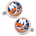 A pair of round NHL New York Islanders logo cufflinks in a silver tone finish with blue and orange enamel details.