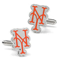A pair of silver-plated cufflinks featuring the orange New York Mets baseball team logo.