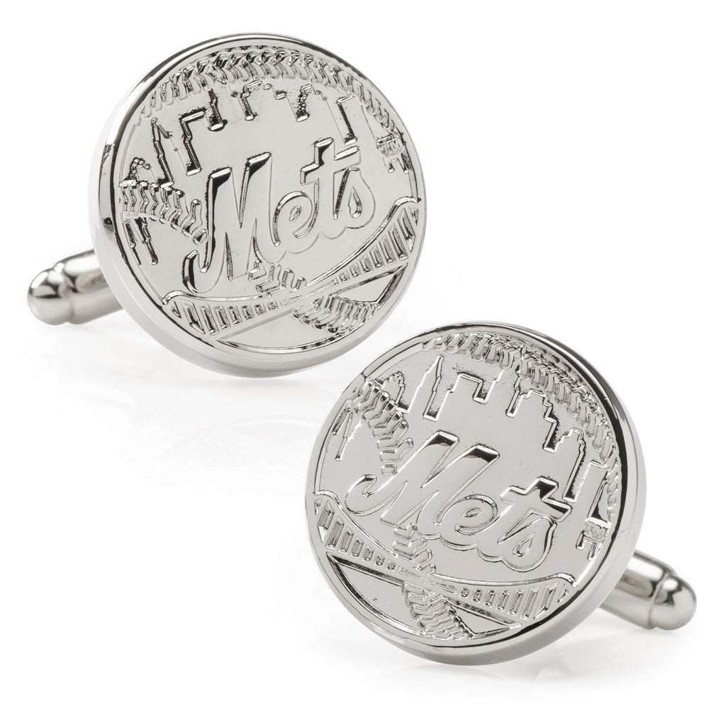 A pair of silver tone New York Mets baseball logo cufflinks on a white background, featuring a circular design with team branding.