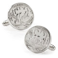 A pair of silver tone New York Mets baseball logo cufflinks on a white background, featuring a circular design with team branding.