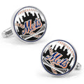 A pair of round, silver tone New York Mets baseball cufflinks with enamel team logo