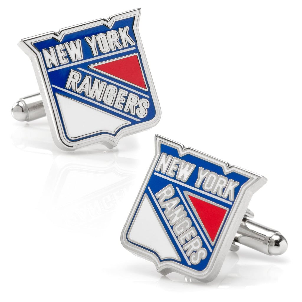 A pair of silver-tone New York Rangers logo cufflinks with red, white, and blue enamel detail.