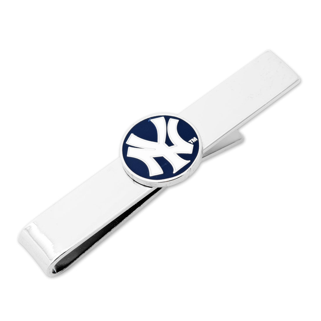 Polished silver tie bar featuring the New York Yankees logo in white on a circular navy blue background