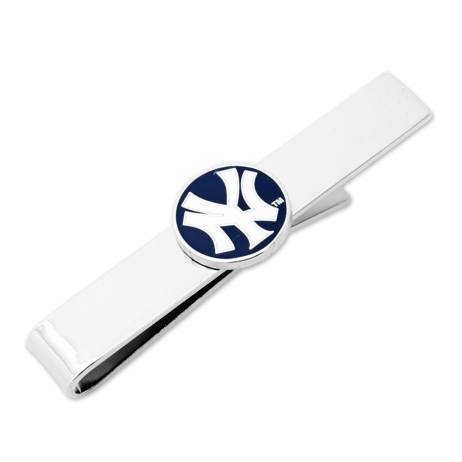 Polished silver tie bar featuring the New York Yankees logo in white on a circular navy blue background