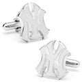 Silver tone New York Yankees logo cufflinks showing polished and textured metal finish