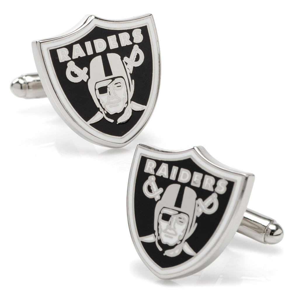 Las Vegas Raiders shield logo cufflinks featuring black and white enamel on a polished silver metal finish
