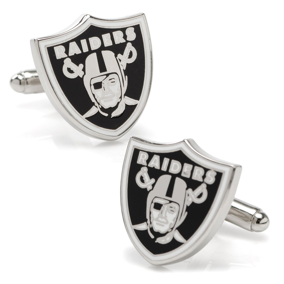 Las Vegas Raiders shield logo cufflinks featuring black and white enamel on a polished silver metal finish