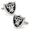 Las Vegas Raiders shield logo cufflinks featuring black and white enamel on a polished silver metal finish