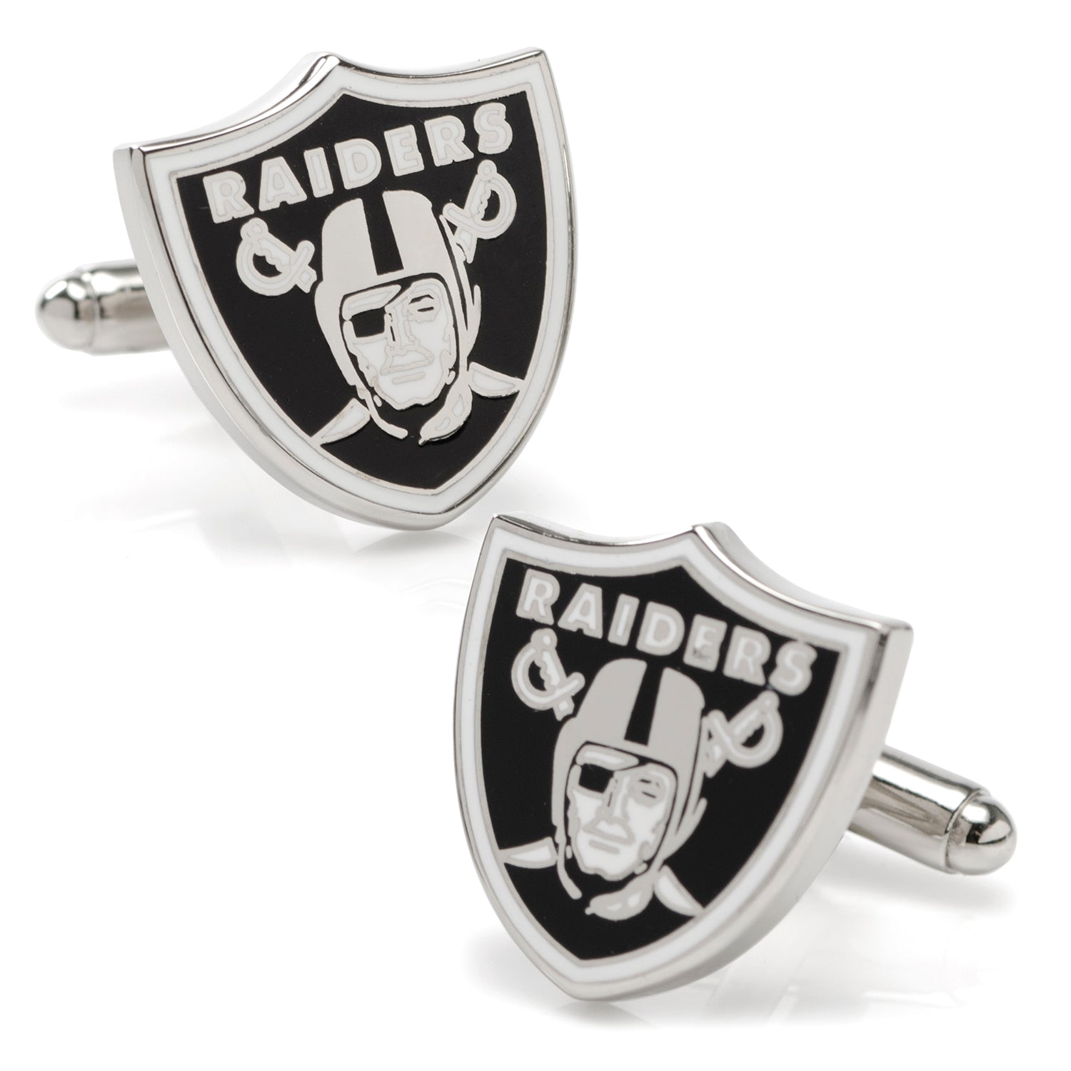Las Vegas Raiders shield logo cufflinks featuring black and white enamel on a polished silver metal finish