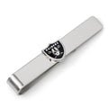 Close up of a silver plated Las Vegas Raiders tie bar with black and silver team logo