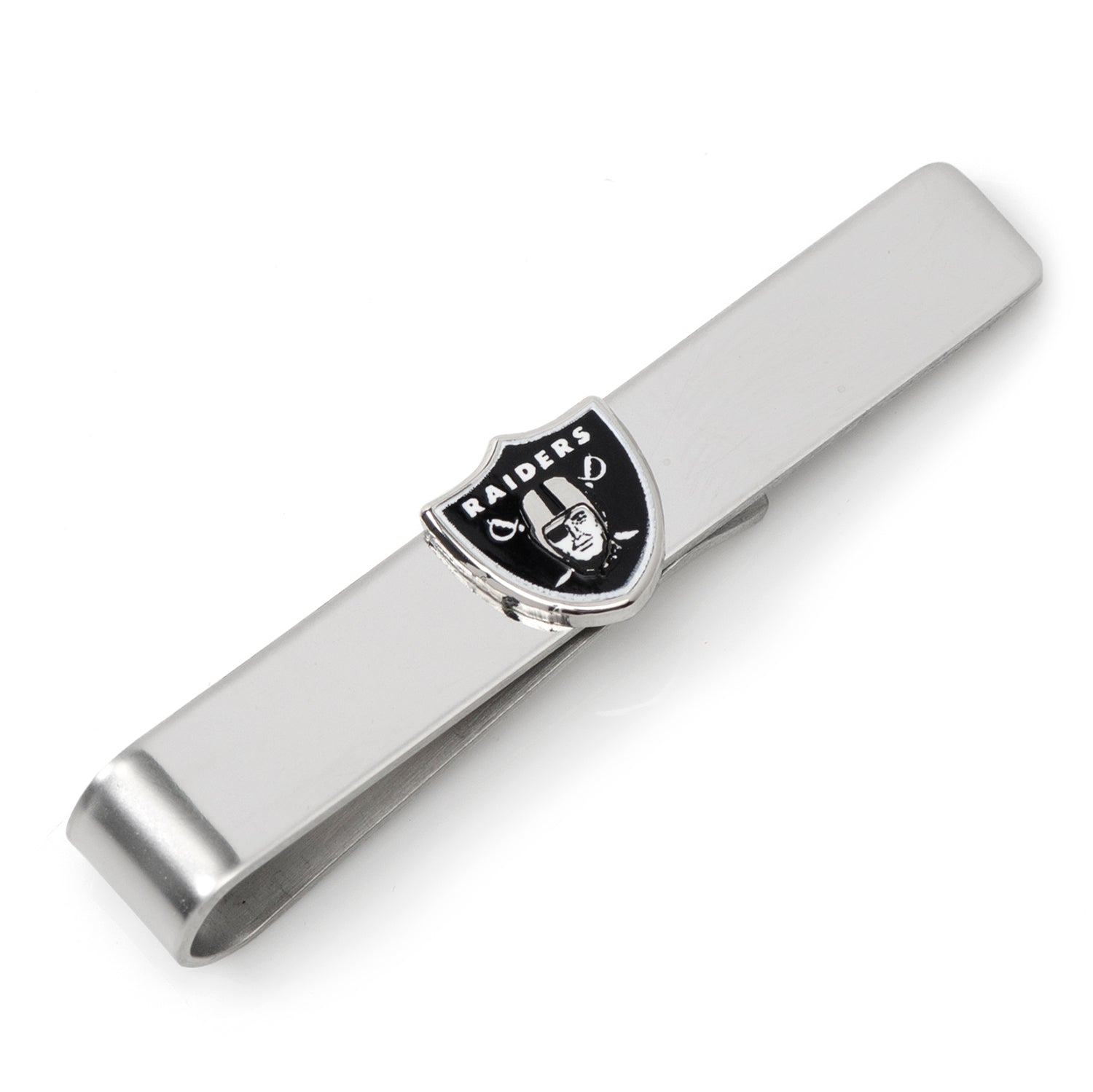 Close up of a silver plated Las Vegas Raiders tie bar featuring the team logo on a grey suit tie.