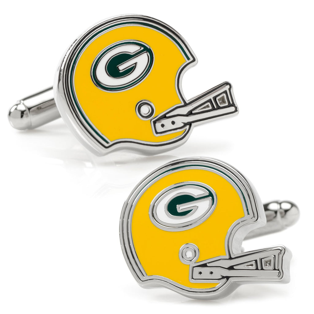 A pair of yellow and green Green Bay Packers throwback football helmet cufflinks