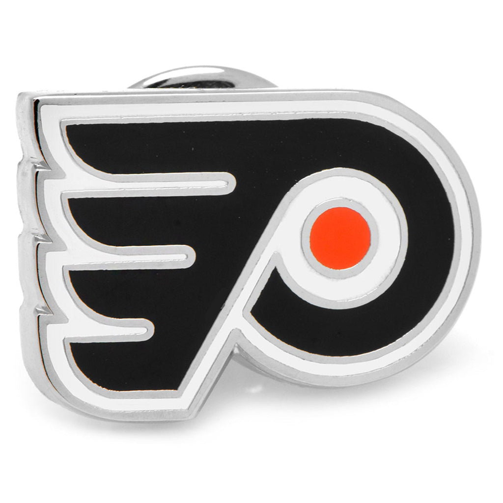 Philadelphia Flyers official NHL logo lapel pin in silver tone metal with black and orange enamel, showing the front view and clutch-back closure.